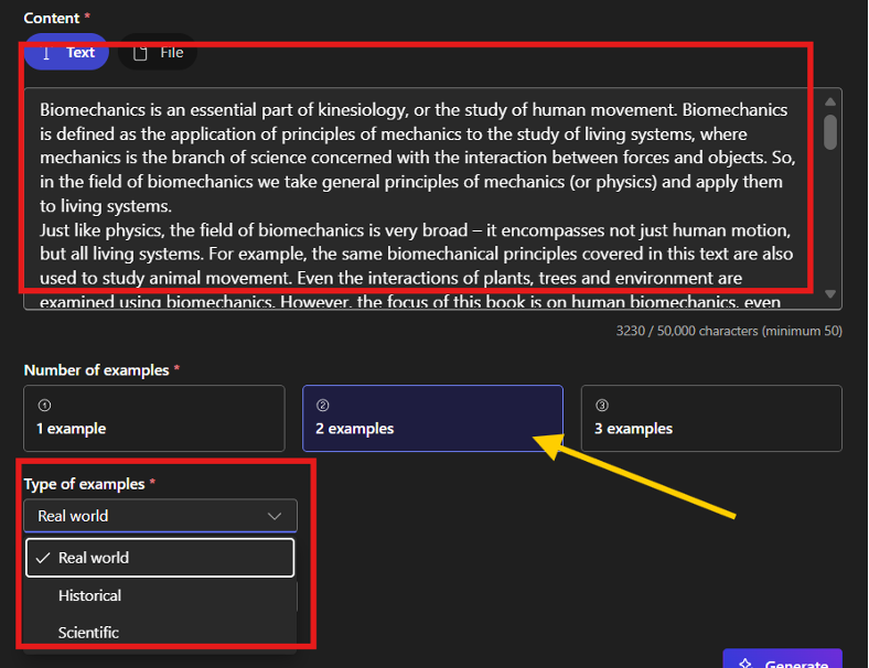 The supporting examples generation menu, where you can enter text or use a file as content, set the number of examples, and the type of examples (histrorical, real-world, scientific).