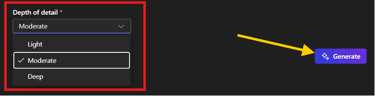 A drop down menu for the depth of detail, and an arrow pointing to the generate button in the bottom right corner.