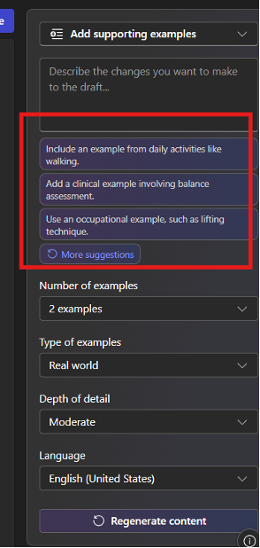An image of the side panel where users can regenerate the supporting examples.