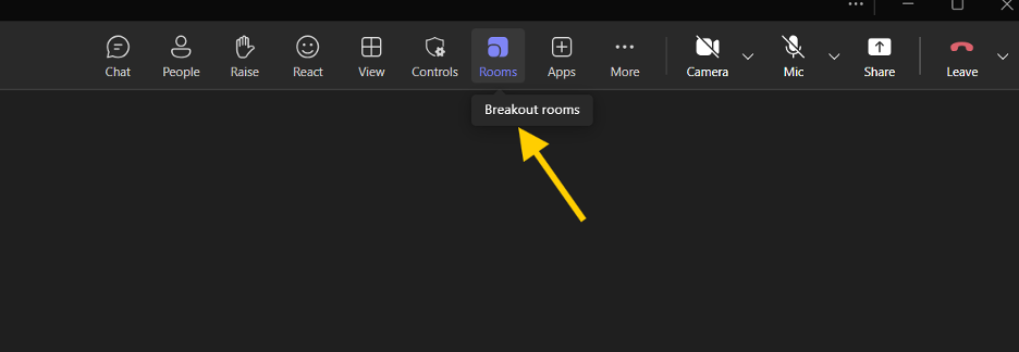 An arrow pointing to the 'Rooms' option in the menu bar of a Teams meeting.