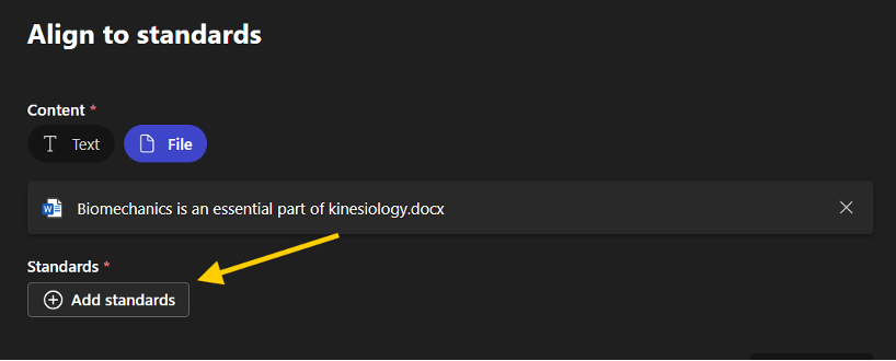 An arrow pointing to the 'Add standards' button under the content area.