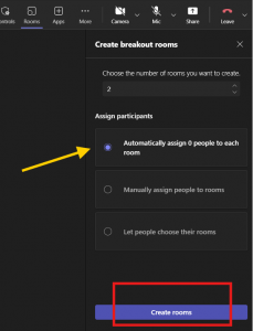 An arrow pointing to the breakout rooms menu item 'Assign participants' on the right side of the screen.