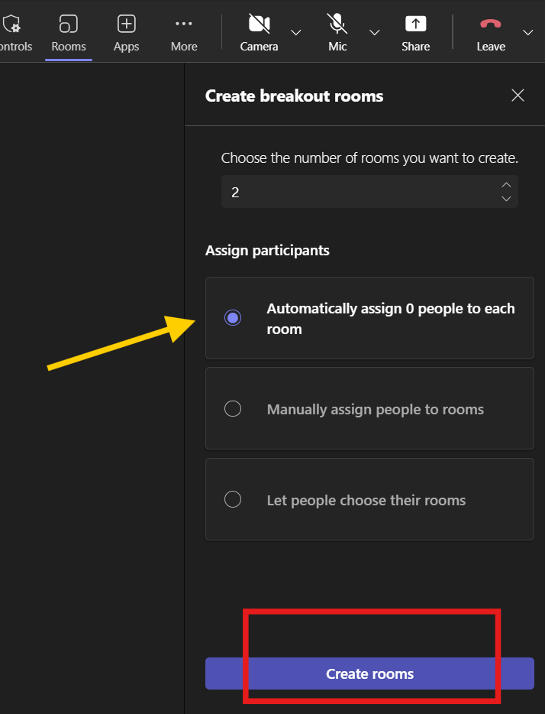 An arrow pointing to the breakout rooms menu item 'Assign participants' on the right side of the screen.