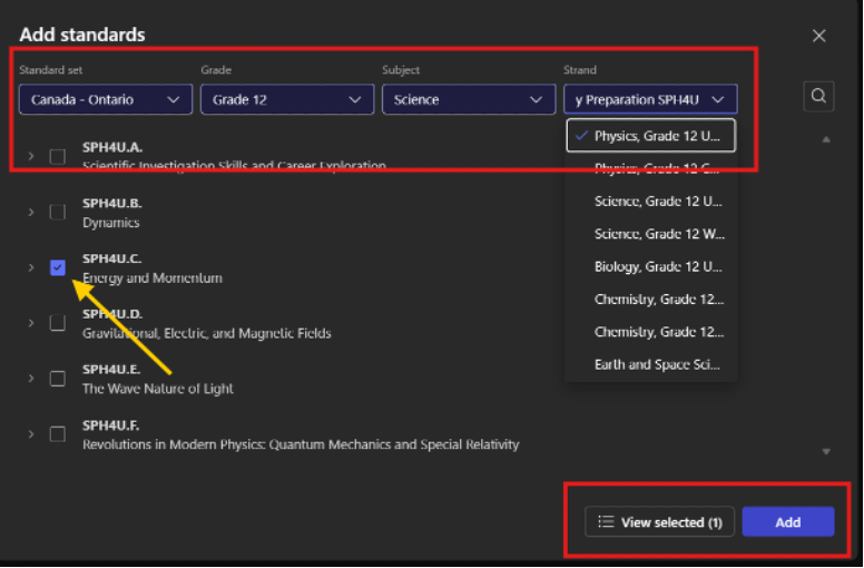 A square around the standard drop downs for selecting the area, grade, subject and strand for the standards. the Add button is highlighted in the bottom right corner.