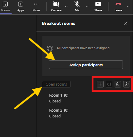 An arrow pointing to 'Assign participants' and 'open rooms', as well as a red square around the further options in the breakout room settings.
