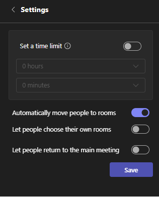 The additional settings menu for breakout rooms with a time limit, automatically moving people to rooms, letting people choose their rooms.