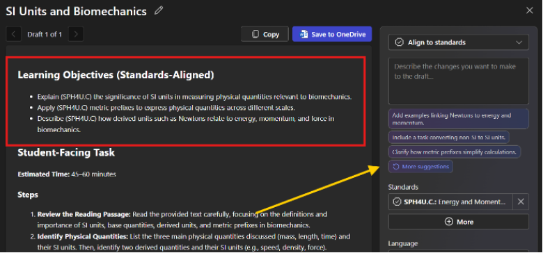 A square around the learning objectives at the top of the document, as well as an AI panel to re-align content to curriculum standards.