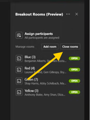 An arrow pointing to the 'close rooms' option when the breakout rooms are open.