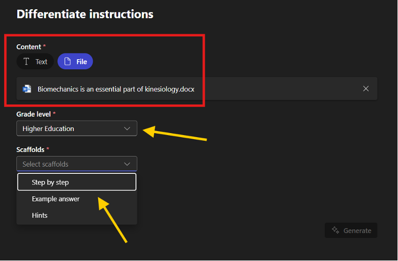 A square around the content area where you can upload text or a fiel, as well as a drop-down menu for grade level and scaffolds.