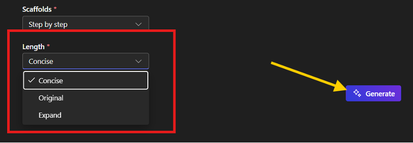 A drop-down menu for length of the document, and an arrow pointing to the 'generate' button in the bottom right corner.