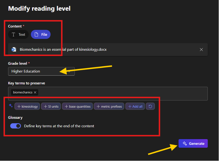 A square around the area to upload text or files for content, as well as a grade level selector, key terms selector, and an arrow pointing at the generate button in the bottom right corner.