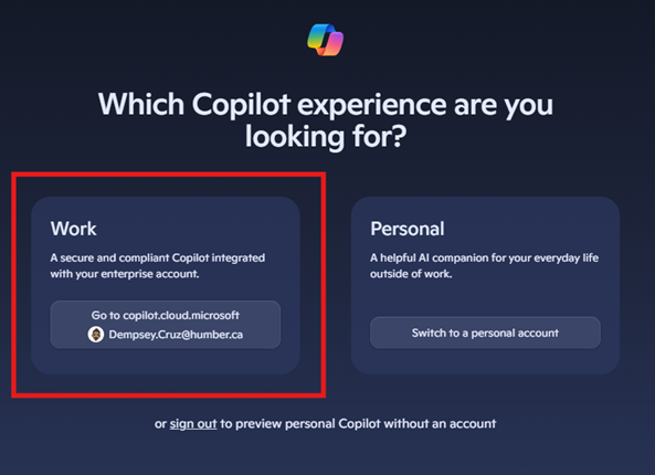 A read square around the 'Work' option on the copilot home page.