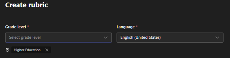 The create rubric menu, where you can input the grade level and language for the rubric.