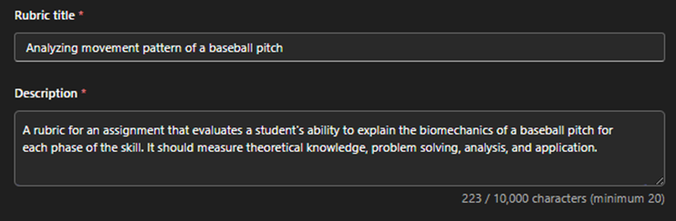 The rubric editing menu, where you can input the rubric title and description