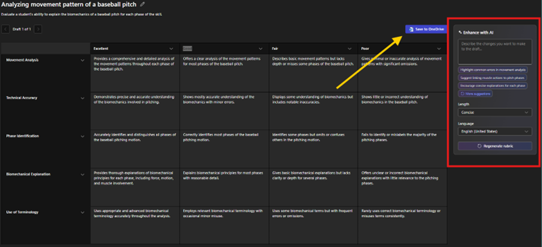 The generated rubric, with options to regenerate or to save to OneDrive.