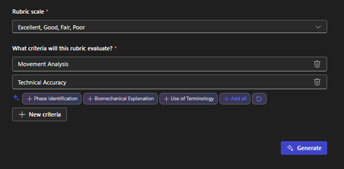 The options for rubric scale and the criteria within the rubric.