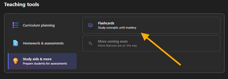 The teaching tools menu with study aids & more selected, with an arrow pointing to the flashcards option.