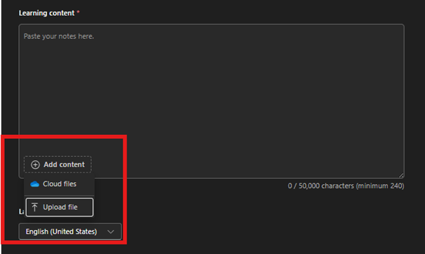 The learning content area, where you can upload OneDrive files or local files to generate flashcards from.