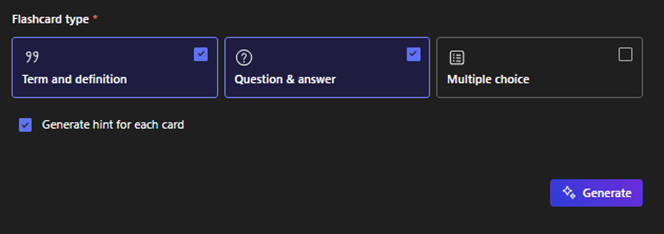 The flashcard type selector, where you can select term and definition or question and answer or multiple choice-based flashcards.