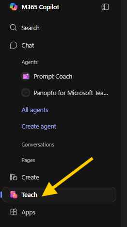 The Copilot sidebar on the left side of the screen, with an arrow pointing to 'Teach'.