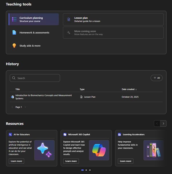 The teach home screen, where you can access teaching tools, history and resources.