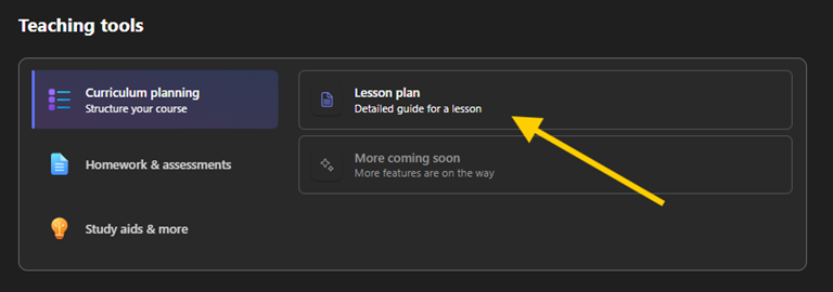 The menu for the 'curriculum planning tools, with an arrow pointing to the 'lesson plan' option