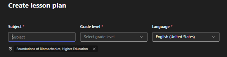 The create lesson plan menu, where you can submit your subject, grade level and language for the lesson plan.