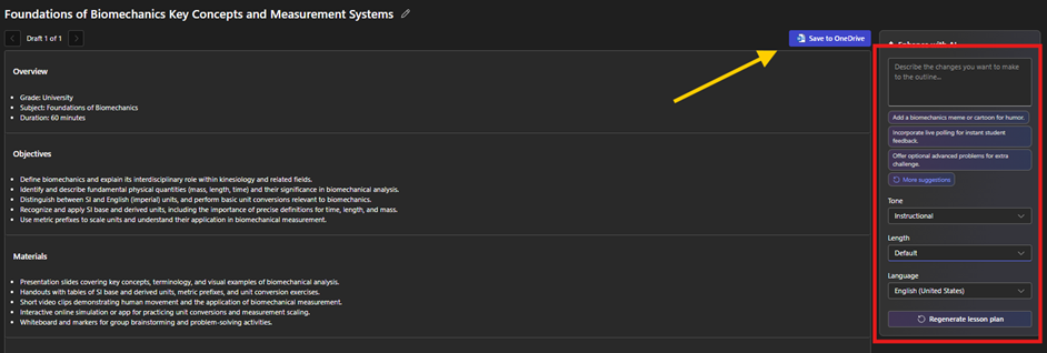 The generated lesson plan, with a side panel on the right side to regenerate the lesson plan, and a button to save to onedrive.