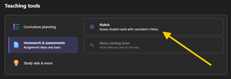 In the homework and assessments area, an arrow pointing to the 'rubric' option
