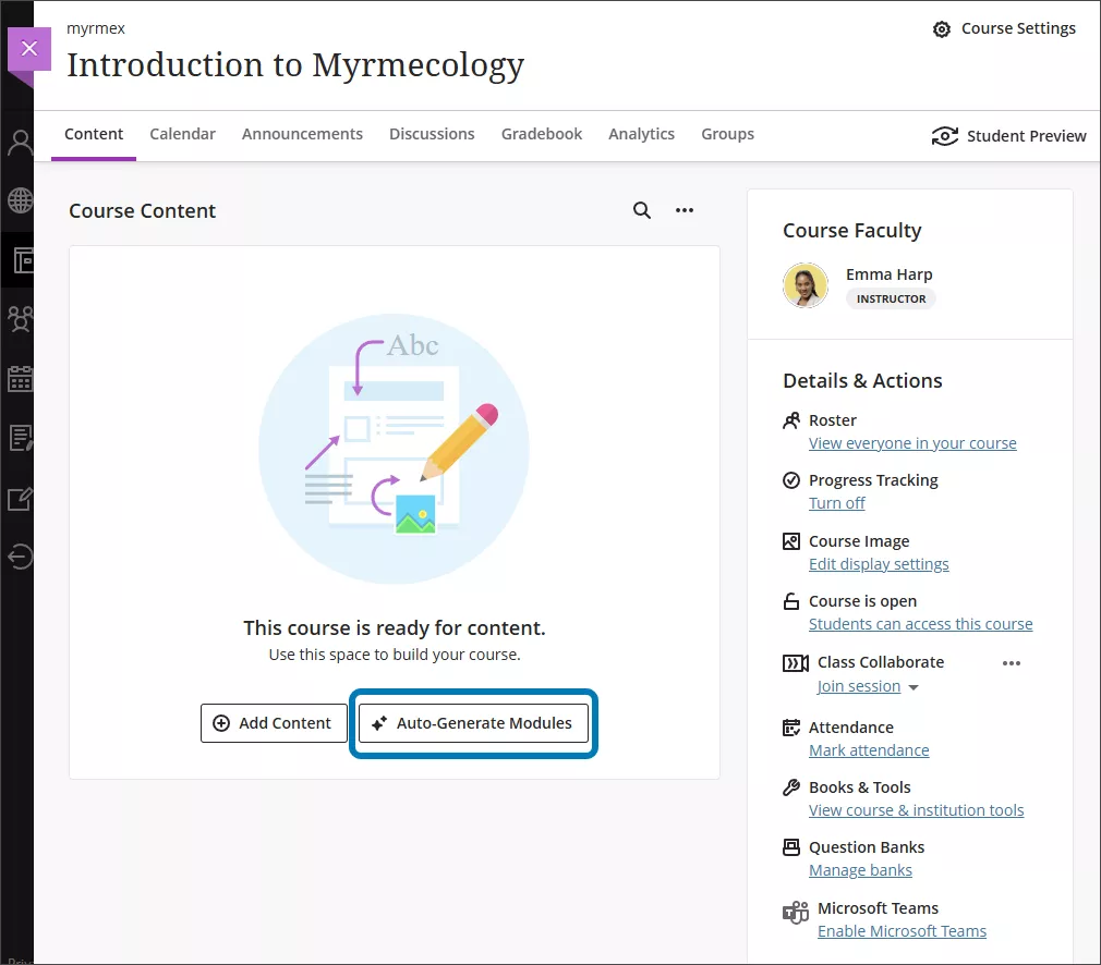 The 'Auto-Generate Modules' button on the content page when no content items are present.
