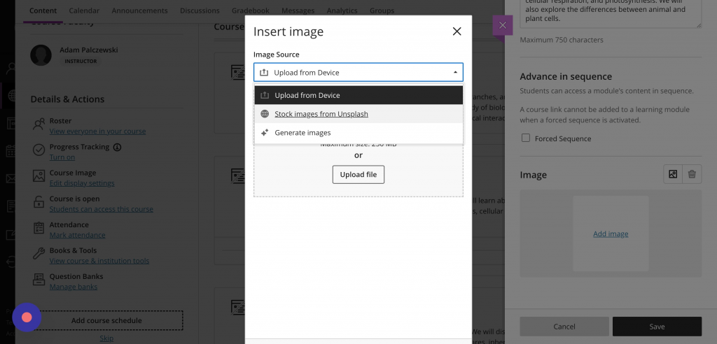 The image menu, with options for inserting an image, finding an image with Unspalsh, and for generating an image.