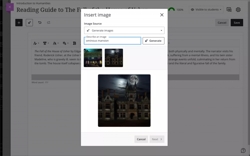 The Generate Image screen