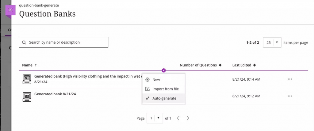 Dropdown on the Question Bank page, displaying the Generate option