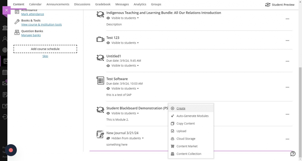 The pop-up menu between content items that shows the 'Create' button.