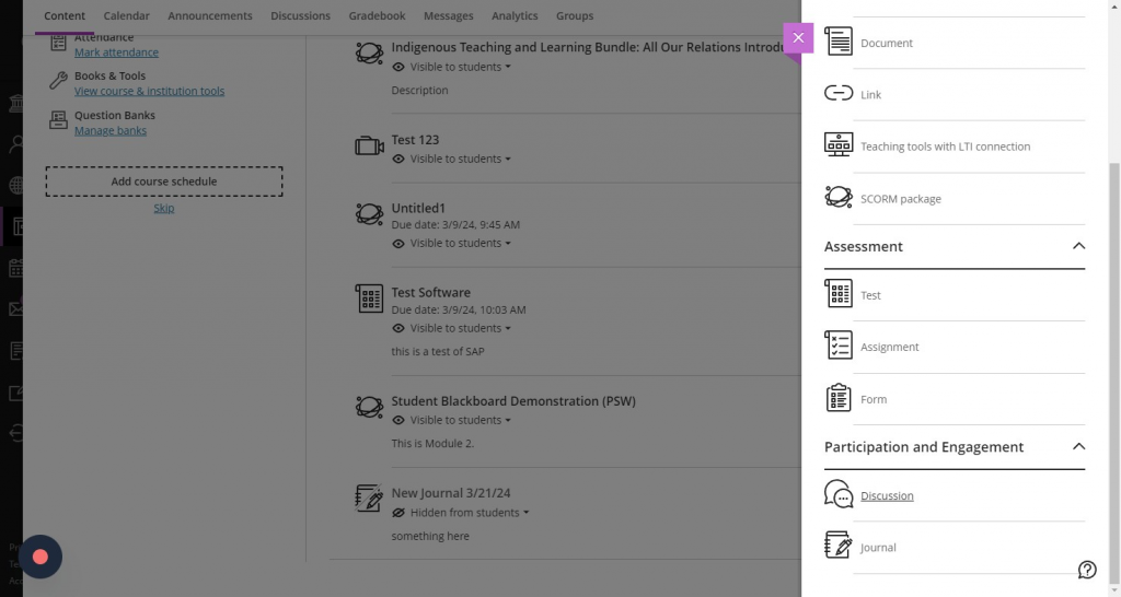 The create content items menu, where you can select assignments, discussion or journal.