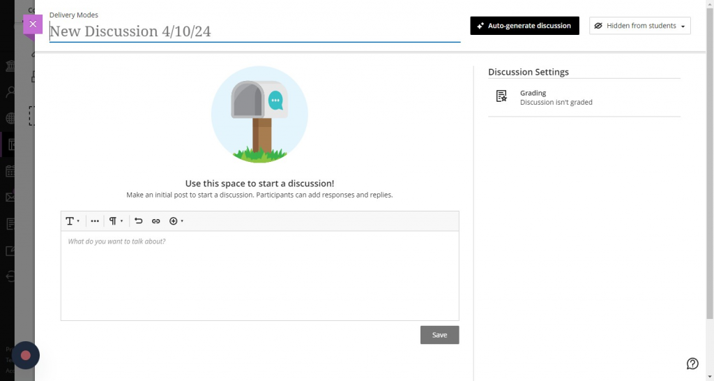The assignment, discussion or journal editing page, with th 'Generate' button in the top right corner.