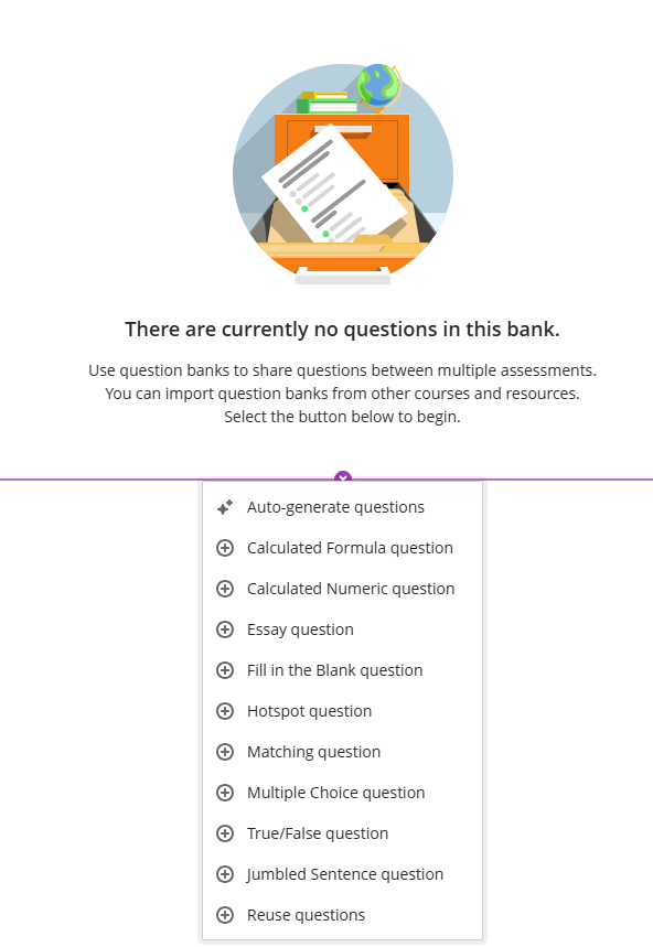 The New Question Bank menu, where you can add many question types, like Calculated formula questions, multiple choice, multiple response, jumbled sentence, and many others.