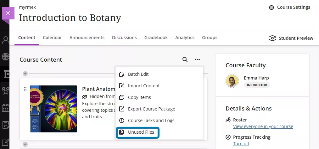 The unused files option highlighted from the menu found by clicking on the ellipsis on the top right corner of the course content page.