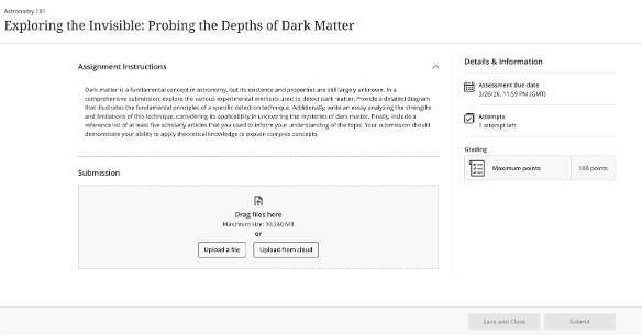 The student view of an assignment with the file submission type.