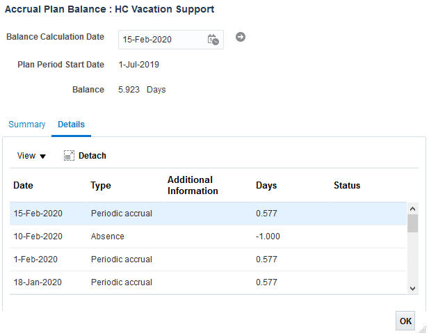 Screenshot of the "Accrual Plan Balances: Details" section of the HRMS. 