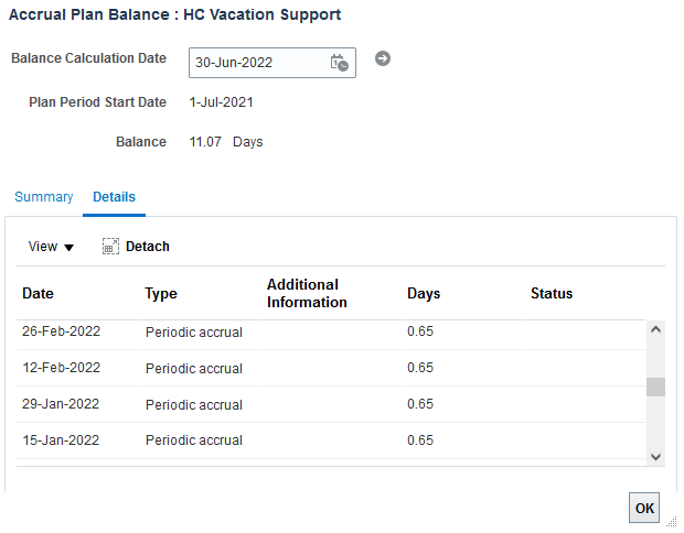 Screenshot of accrual plan balance details