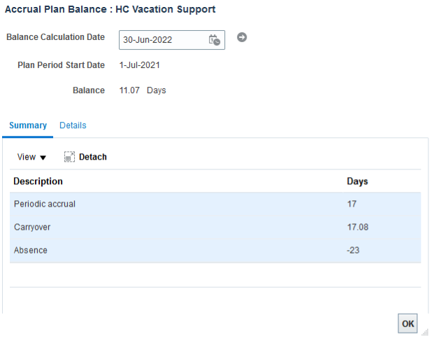 Screenshot of accrual plan balance carryover details