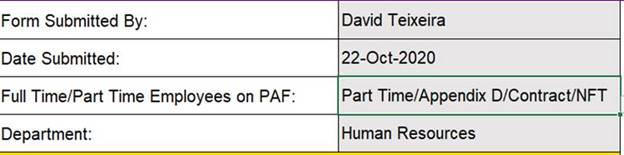 Screenshot of the "Form Submitted By", "Date Submitted", "Full Time/Part Time Employees on PAF" and "Department"  PAF form fields.