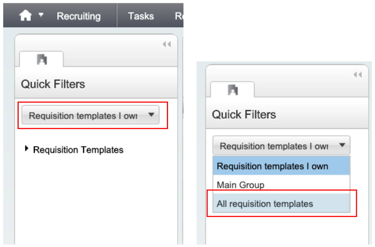 Screenshot of the Quick Filters page with "Requisition templates I own" and "All requisition templates" menu items highlighted.