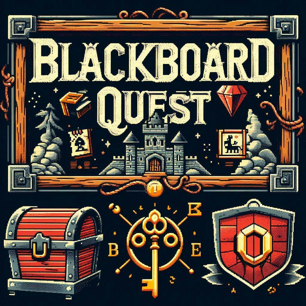 Retro-style pixel art for a game titled 'Blackboard Quest' featuring a medieval castle, treasure chest, key, and shield with a fantasy theme.