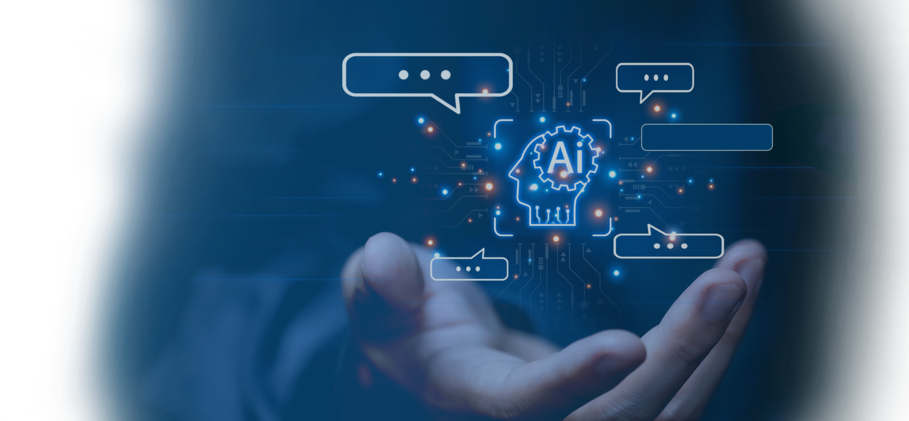 A hand beneath a digital AI graphic with speech bubbles and circuitry.