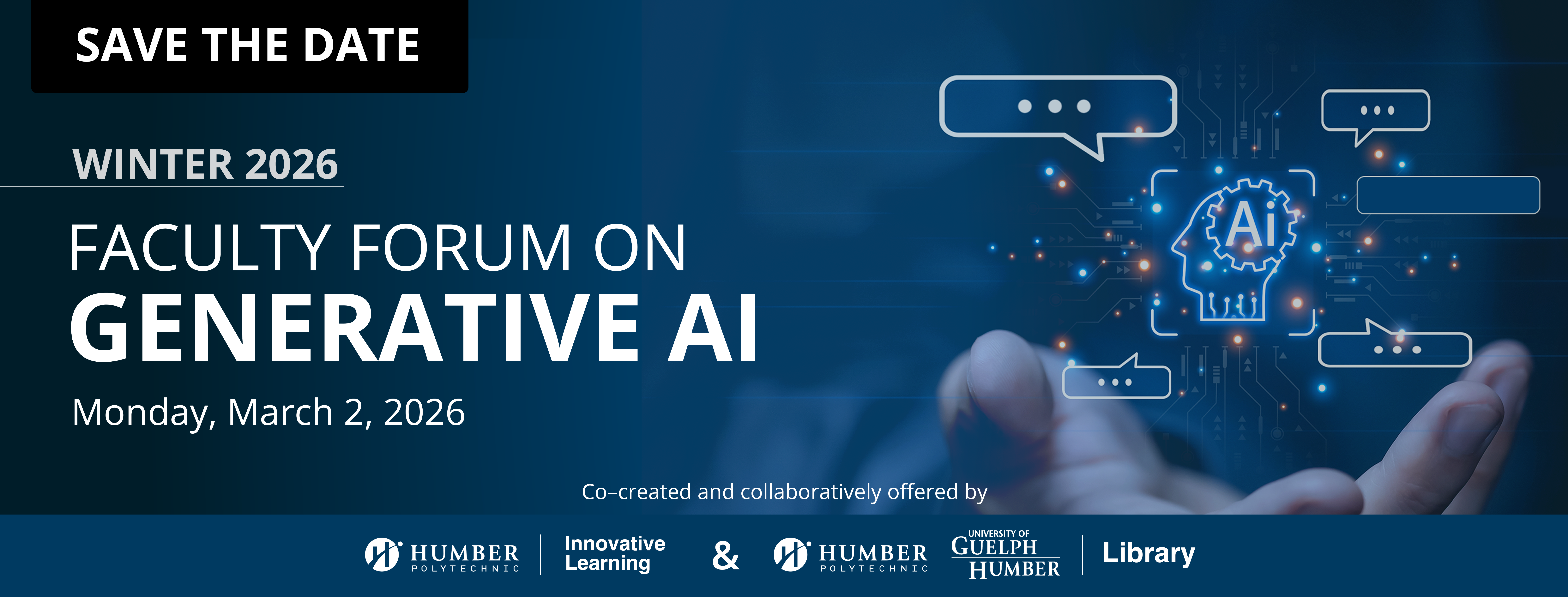 Promotional banner for a 2026 faculty forum on generative AI with a digital graphic and institutional logos.