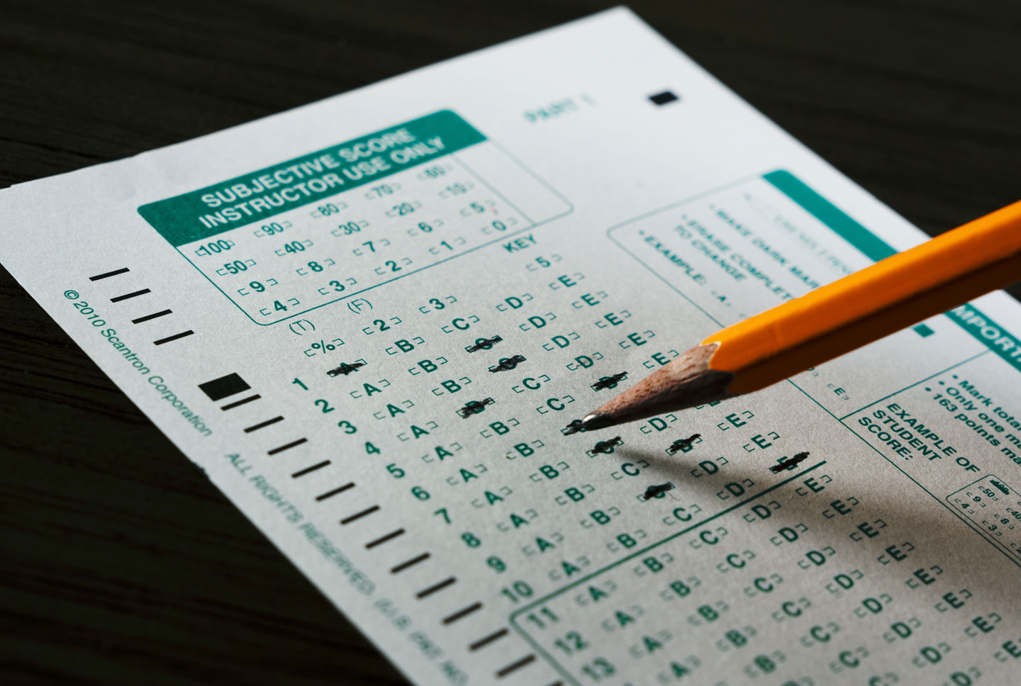 Scantron sheet being filled out with a pencil