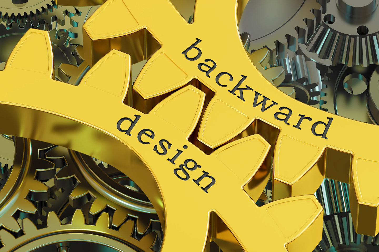 3D render of cogs that have the words 'backward design' engraved on it