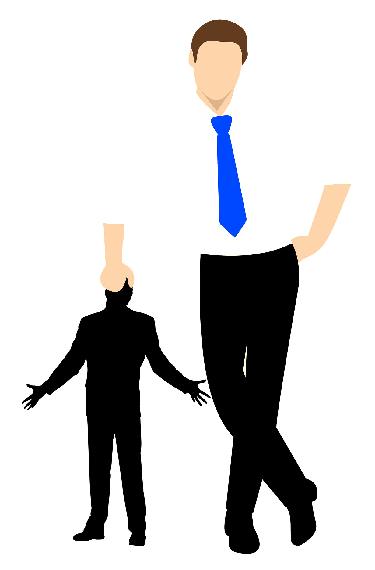 A person in a suit leaning on a sillouette representation of a subordinate
